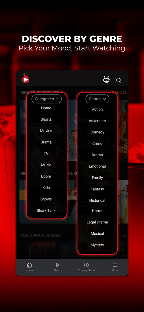 Bongo app screen showing category and genre selection menus for Bangla movies and series