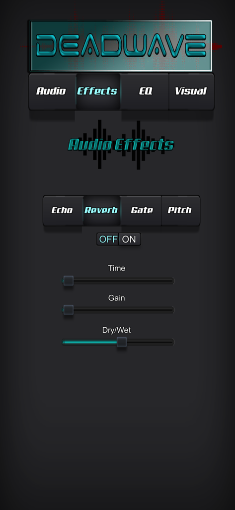 DeadWave - DeadWave paranormal app interface showing audio effects settings with sliders for reverb time gain and dry wet
