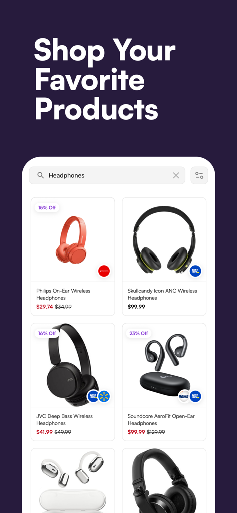 Sezzle - Buy Now, Pay Later - Interface de l’application Sezzle montrant une recherche de casques avec des listes de produits de grands détaillants comme Best Buy et Walmart.