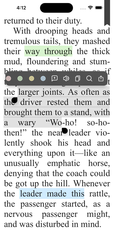 PocketBook Reader - PocketBook Reader interface showing text selection and highlighting options in an ebook