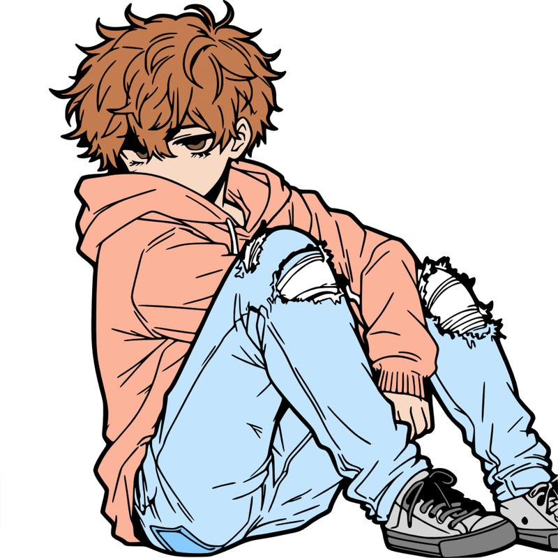 a male hoddie ripped jeans messy hair anime