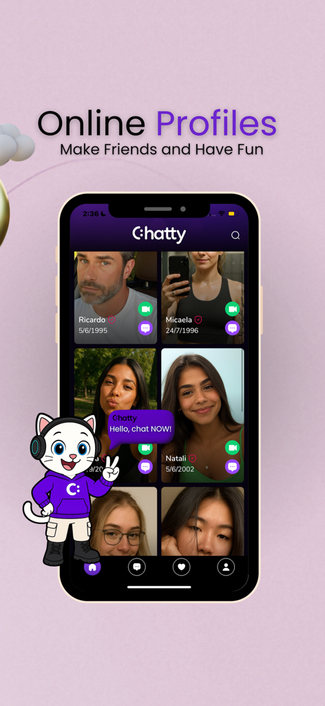 Pantalla de un teléfono inteligente de la aplicación Chatty que muestra una cuadrícula de perfiles de usuario para hacer amigos y empezar a chatear