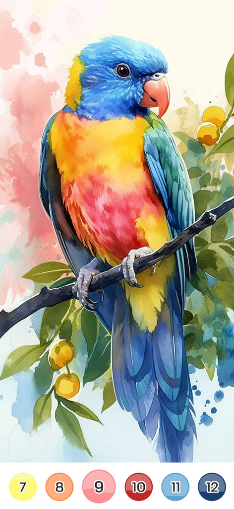 Illustration d'un perroquet coloré à l'aquarelle dans un jeu de coloriage par numéro.
