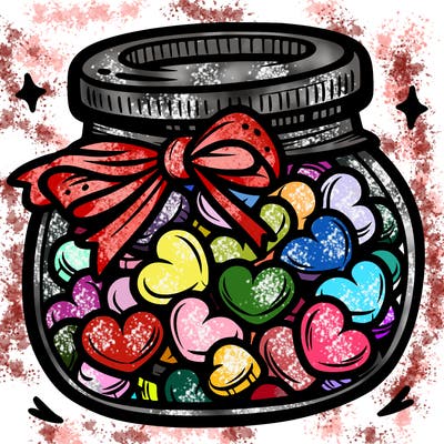 a jar filled with heart-shaped candies and a ribbon around the neck.