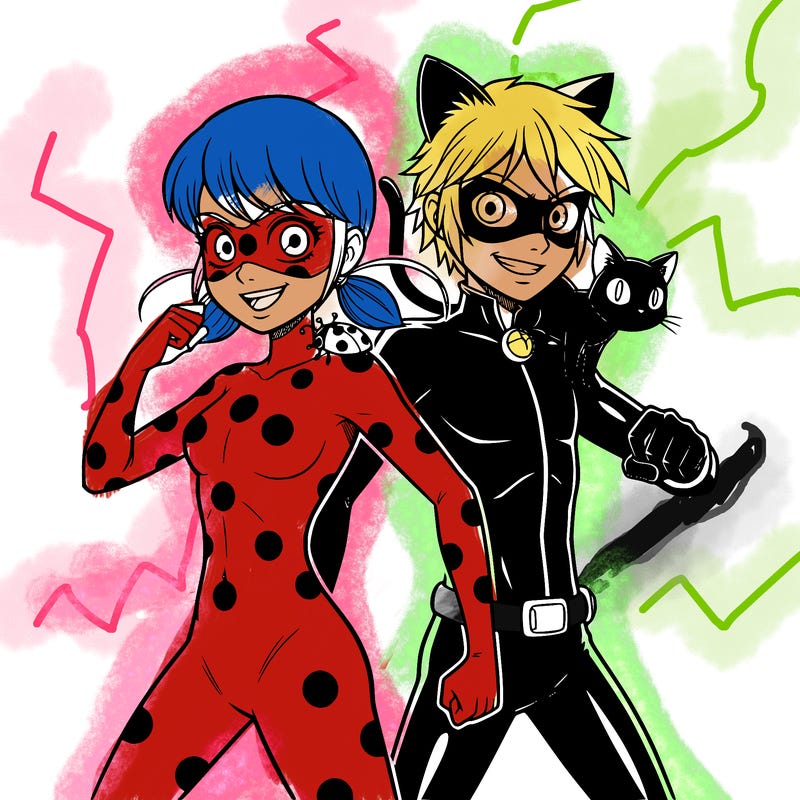 side by side lady bug and cat noir transforming but no effects in the background