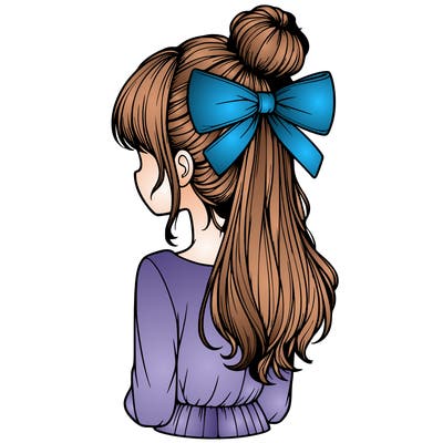 realistic girl  with hip length hair a bun and a big bow on the back of head