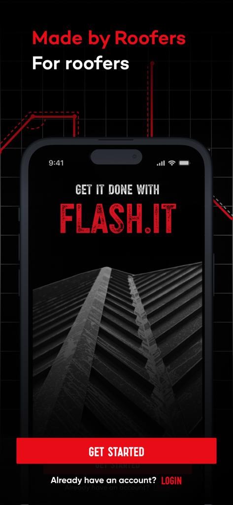 Écran d'accueil de l'application de toiture Flash.It affichant le slogan Conçu par des couvreurs Pour des couvreurs et un bouton Démarrer