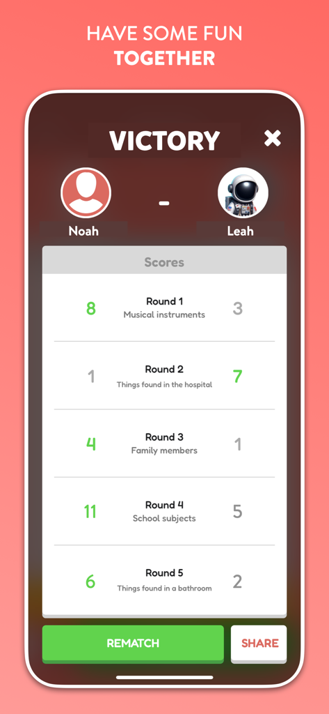A victory screen in the QuizUp app showing a round-by-round score breakdown between two players.