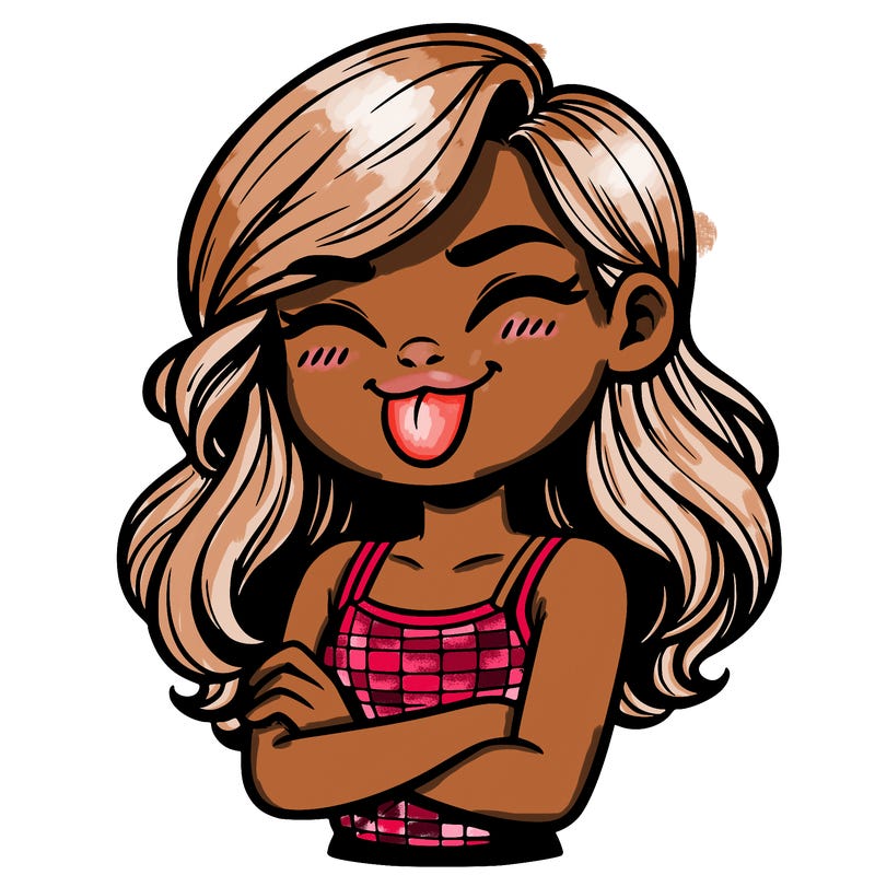 realistic girl crossing her arms and wearing a tank top with her tongue held out she has long hair