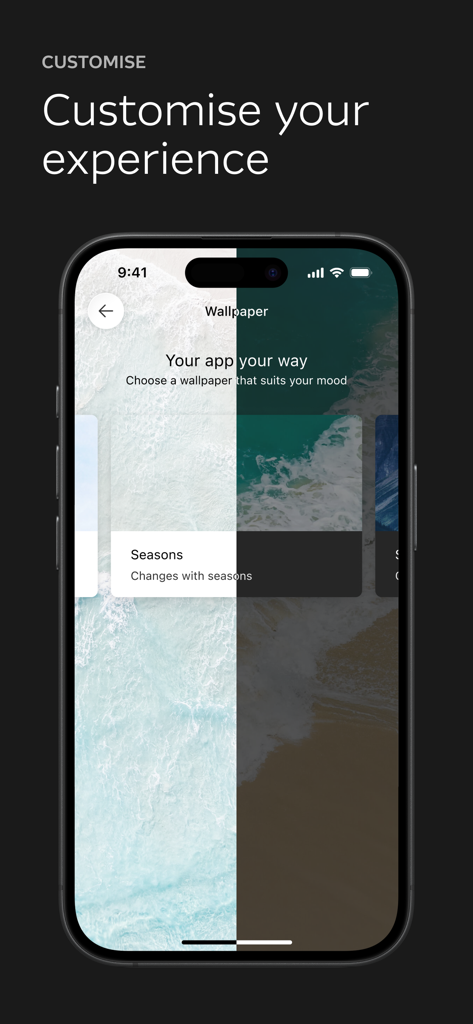 Macquarie Mobile Banking - 개인화된 사용자 경험을 위한 배경화면 사용자 지정 옵션을 보여주는 Macquarie Mobile Banking 앱 화면