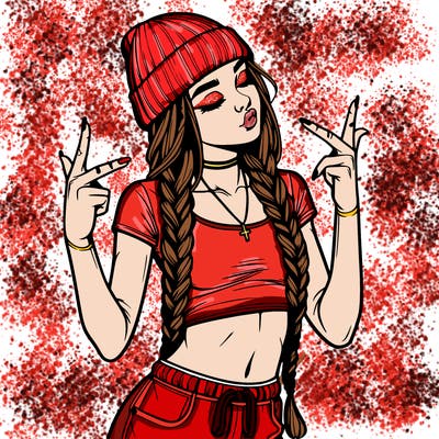 realistic teenage girl with braids and a beanie and crop top doing 🫶🏼
