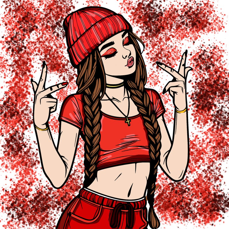 realistic teenage girl with braids and a beanie and crop top doing 🫶🏼