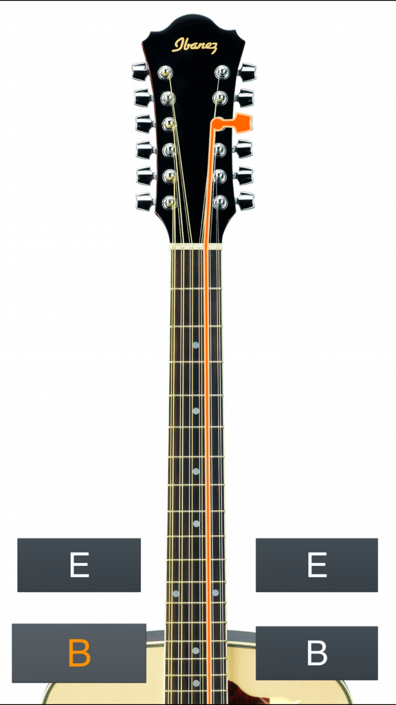 Interface of the 12-string guitar tuner app showing a guitar headstock and note buttons
