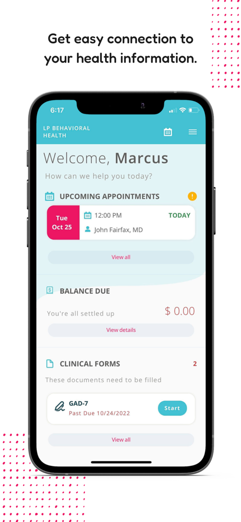 Dashboard of the MYIO behavioral health app showing patient appointments and clinical forms