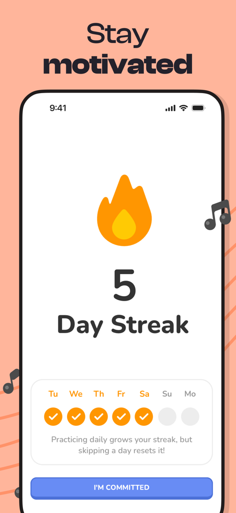 Singit: Learn English & Music - 5일 학습 연속 기록과 동기화 화면을 표시하는 Singit 앱 인터페이스