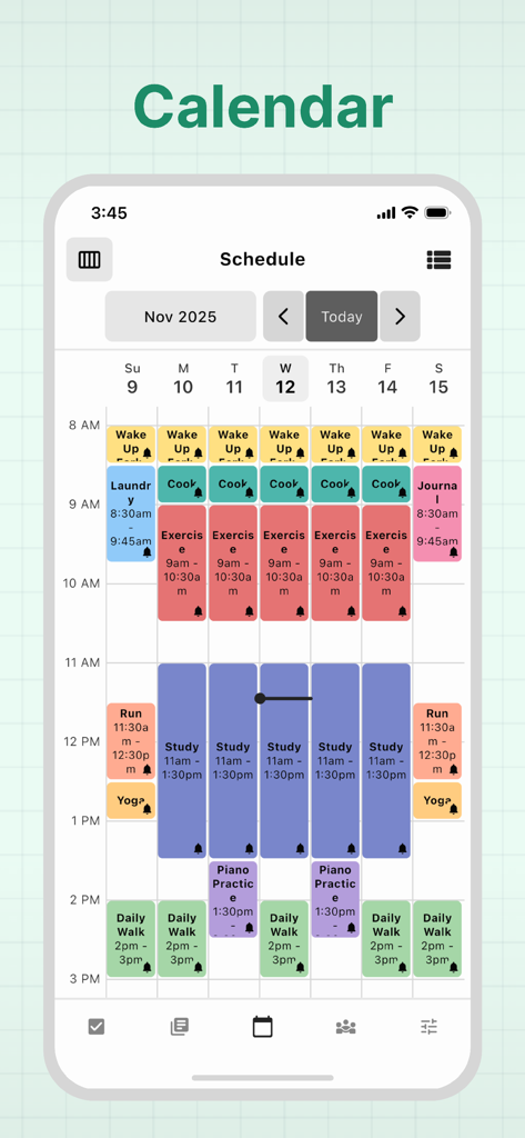 Weekly schedule view in the HelloHabit app showing color coded habits and tasks