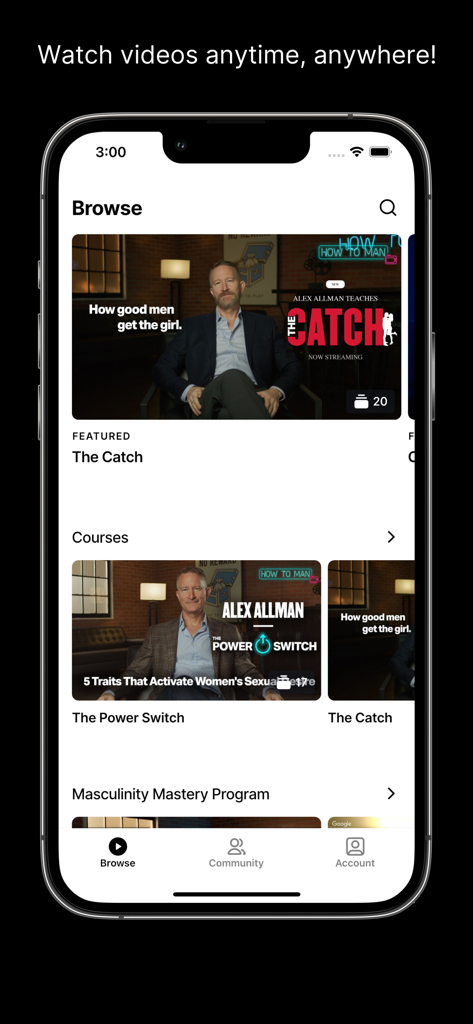 How to Man - Browse screen of How to Man app showing video courses for men