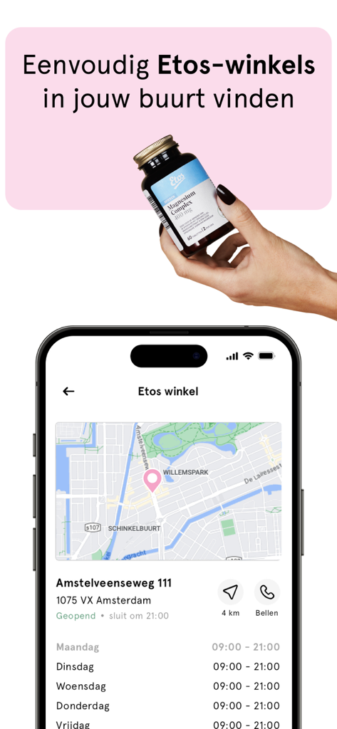 Filialfinder-Oberfläche der Etos-Apotheken-App mit Umgebungskarte und wöchentlichen Öffnungszeiten