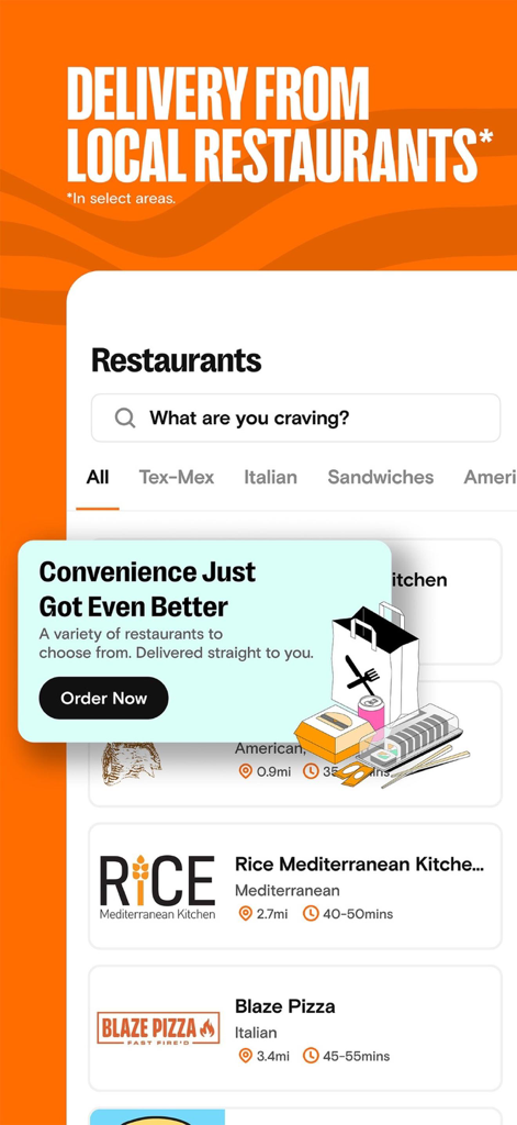 7NOW app interface for ordering food from local restaurants with a search bar and merchant listings