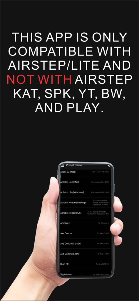 Schermata dell'app AIRSTEP che mostra informazioni sulla compatibilità dell'hardware e un elenco di preset MIDI e HID per vari software e hardware