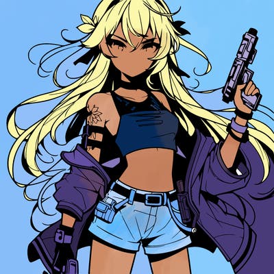 bad girl wearing crop top holding a gun long hair anime