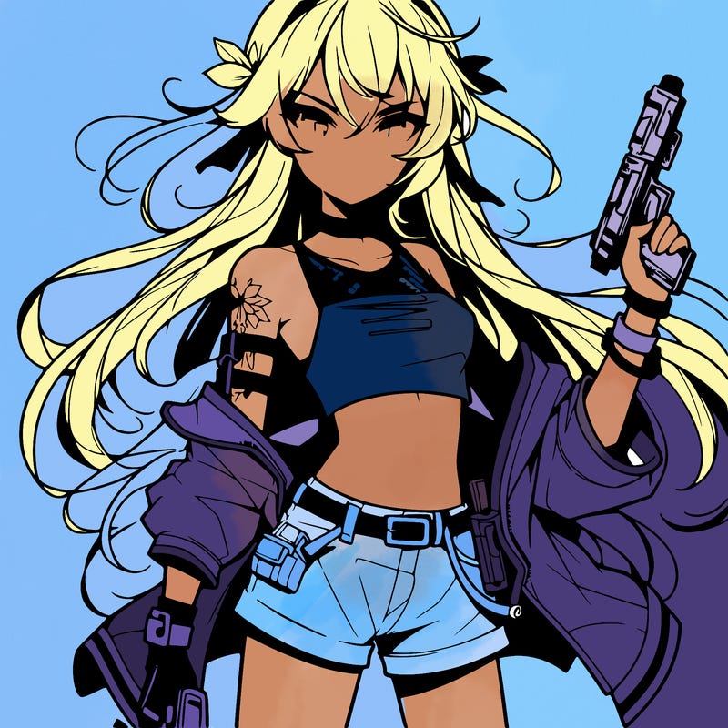 bad girl wearing crop top holding a gun long hair anime