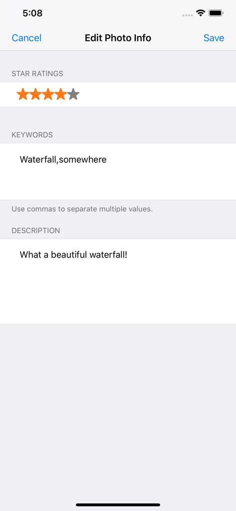 A mobile interface for editing photo star ratings keywords and descriptions in ViewExif
