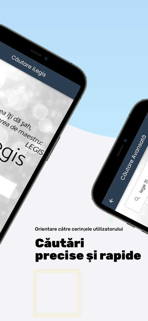 Dos teléfonos inteligentes mostrando las interfaces de búsqueda y búsqueda avanzada de la aplicación Legis Mobile para legislación rumana