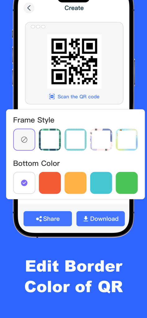 Wise QR - Barcode Scanner - Una pantalla móvil mostrando opciones para editar el color del borde y el estilo del marco de un código QR