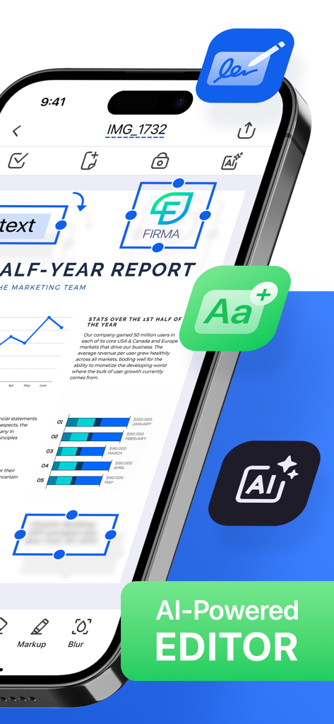 Forma: PDF Document Editor - Aplicación móvil Forma mostrando herramientas de edición de PDF impulsadas por IA en un informe de negocios