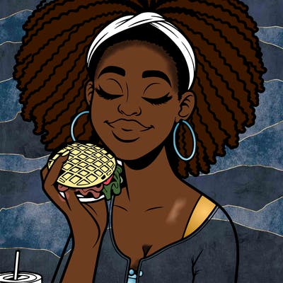 an african american woman eating a waffle burger realistic