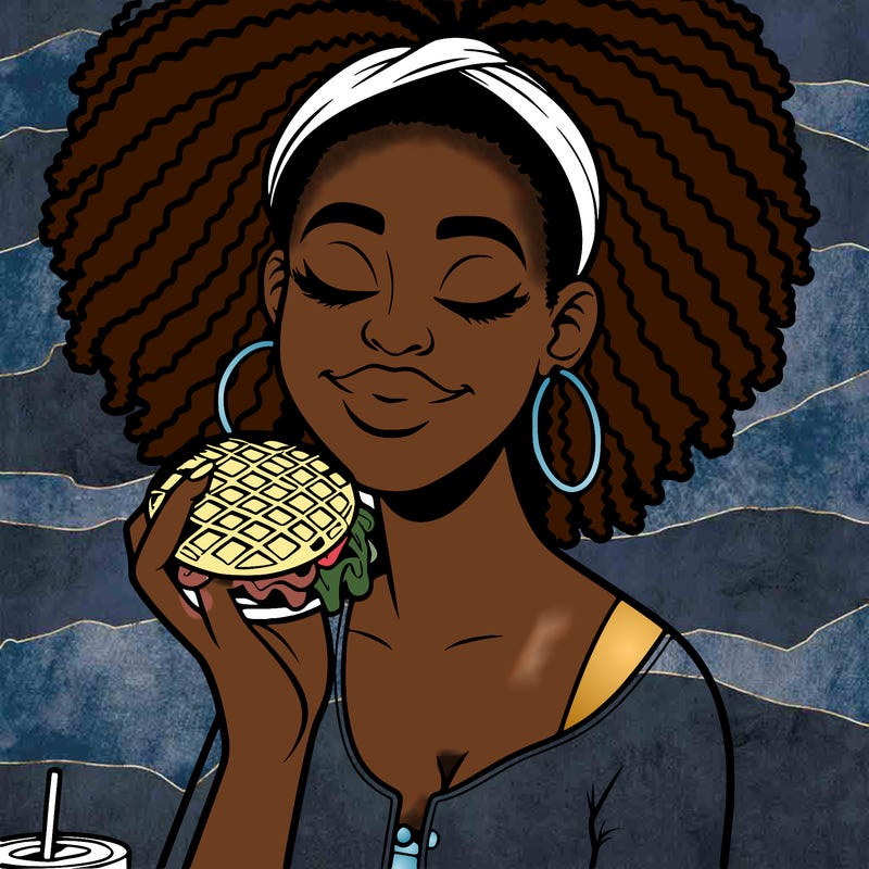 an african american woman eating a waffle burger realistic