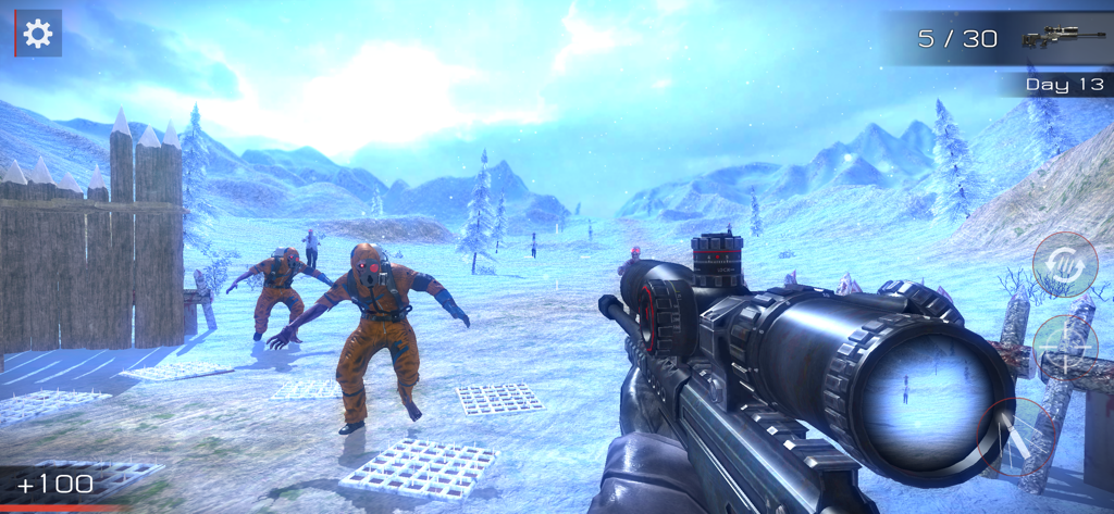 First person shooter gameplay showing a sniper aiming at zombies in a snowy mountain landscape with defense barricades