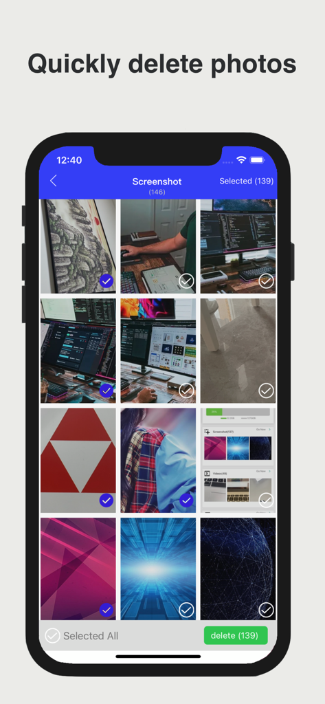Oberfläche der Super Cleaner App zeigt die Stapellöschung von Screenshots zur Freigabe von Telefonspeicherplatz