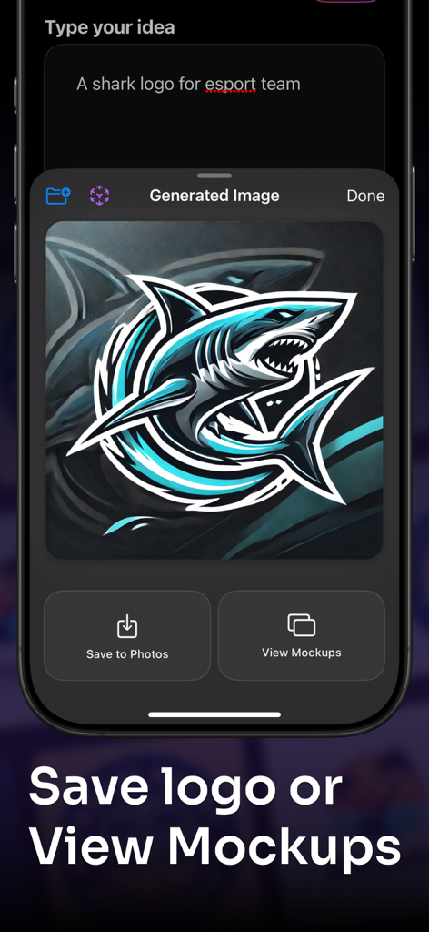 AI Logo Design Brand Maker Art - Logo de tubarão gerado por IA para uma equipe de e-sports dentro do aplicativo móvel Star AI.
