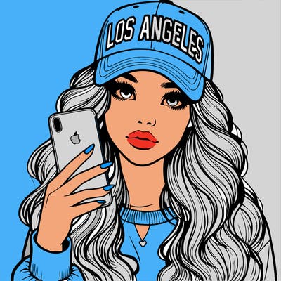 realistic beautiful girl wearing los ángeles cap holding an iphone