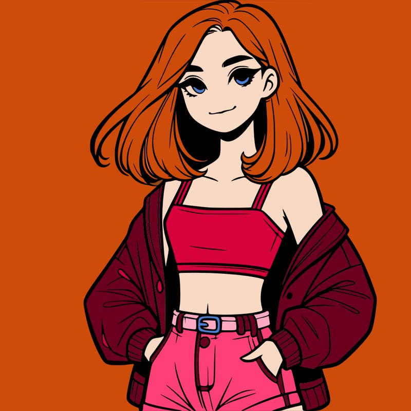 a realistic girl with a crop top and short shorts in an open jacket