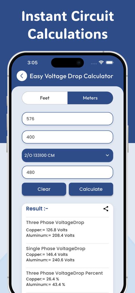 Voltage Drop Calculators - Voltage drop calculation results for single and three phase circuits on a mobile app interface