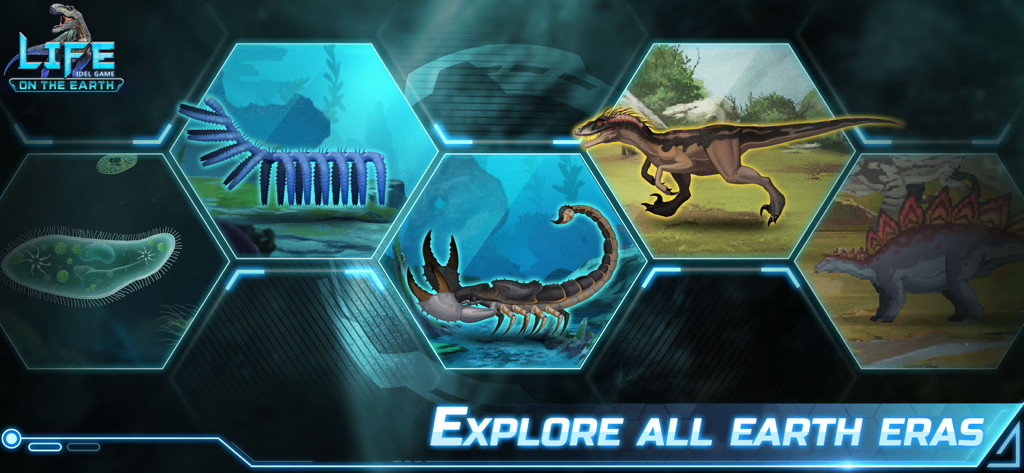 A display of prehistoric creatures and dinosaurs across different geological periods in the Life on Earth idle game