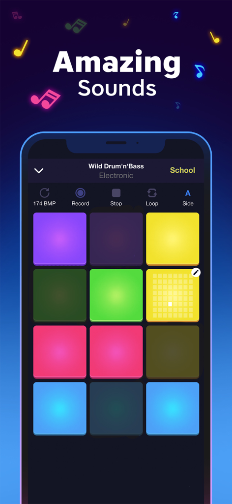 Groove Masters mobile app interface featuring colorful neon drum pads and music production tools