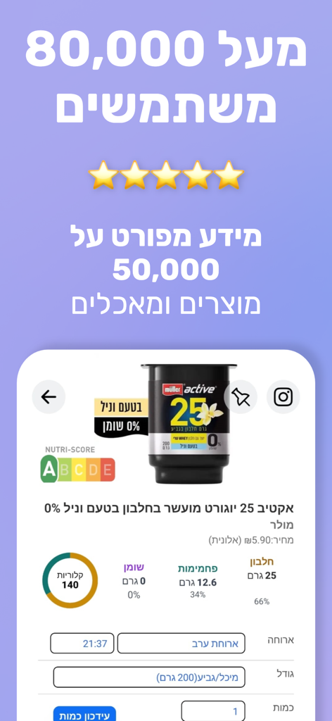 Interface do aplicativo Kaloria em hebraico mostrando informações nutricionais detalhadas e contagem de calorias para produtos alimentícios israelenses