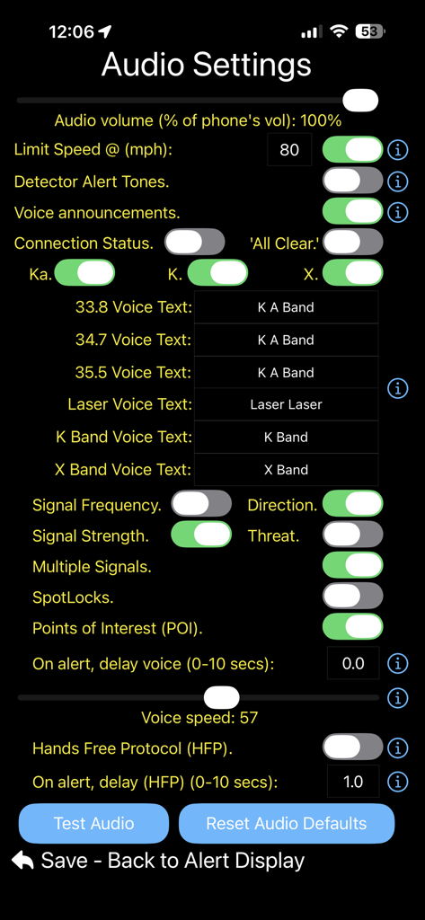 Audio settings screen in the R8 Companion app showing customization for alerts and voice announcements