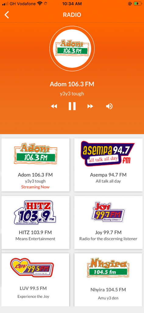 AdomOnline - AdomOnline app radio interface showing live streaming of Adom FM and a selection of Ghanaian radio stations