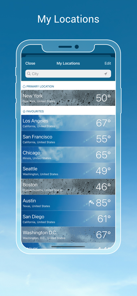 Interface de l'application Weather and Radar USA Pro affichant une liste de lieux enregistrés avec les températures actuelles et les informations météorologiques en arrière-plan.