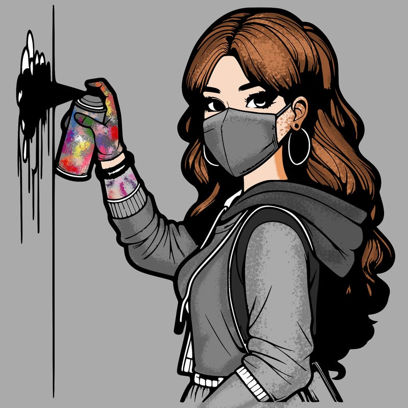 realistic girl with mask spray painting a wall