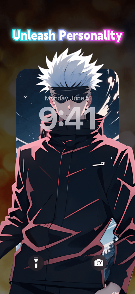 Live Wallpaper - Wallpaper Hub - An anime character featured on a smartphone lock screen with the text Unleash Personality.