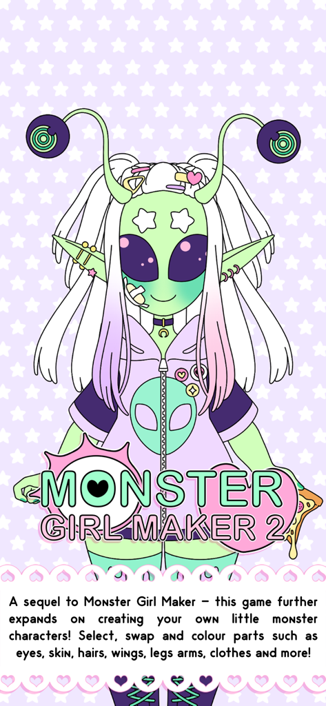 Monster Girl Maker 2 - A green alien monster girl character created in Monster Girl Maker 2 with a pastel aesthetic
