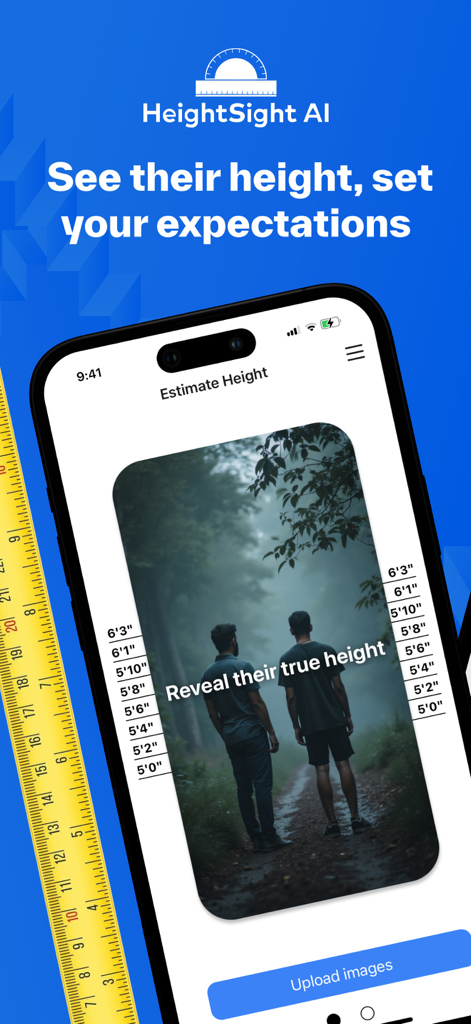 HeightSight AI app interface showing height measurements on a photo of two people