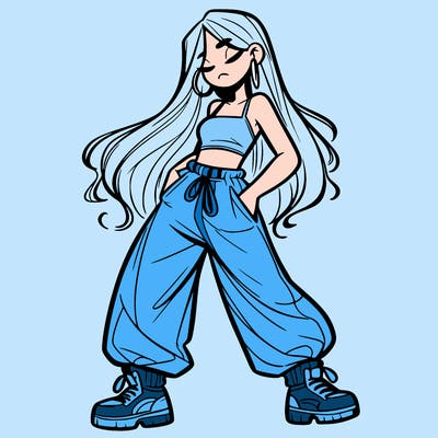 girl in baggy pants crop top and long hair