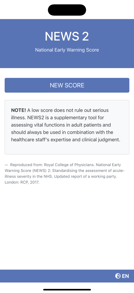 NEWS2 - Calculator - Schermata iniziale dell'app calcolatrice medica NEWS2 che mostra il pulsante di avvio e l'avviso all'utente.